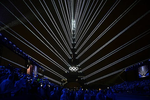 The Olympic rings illuminated